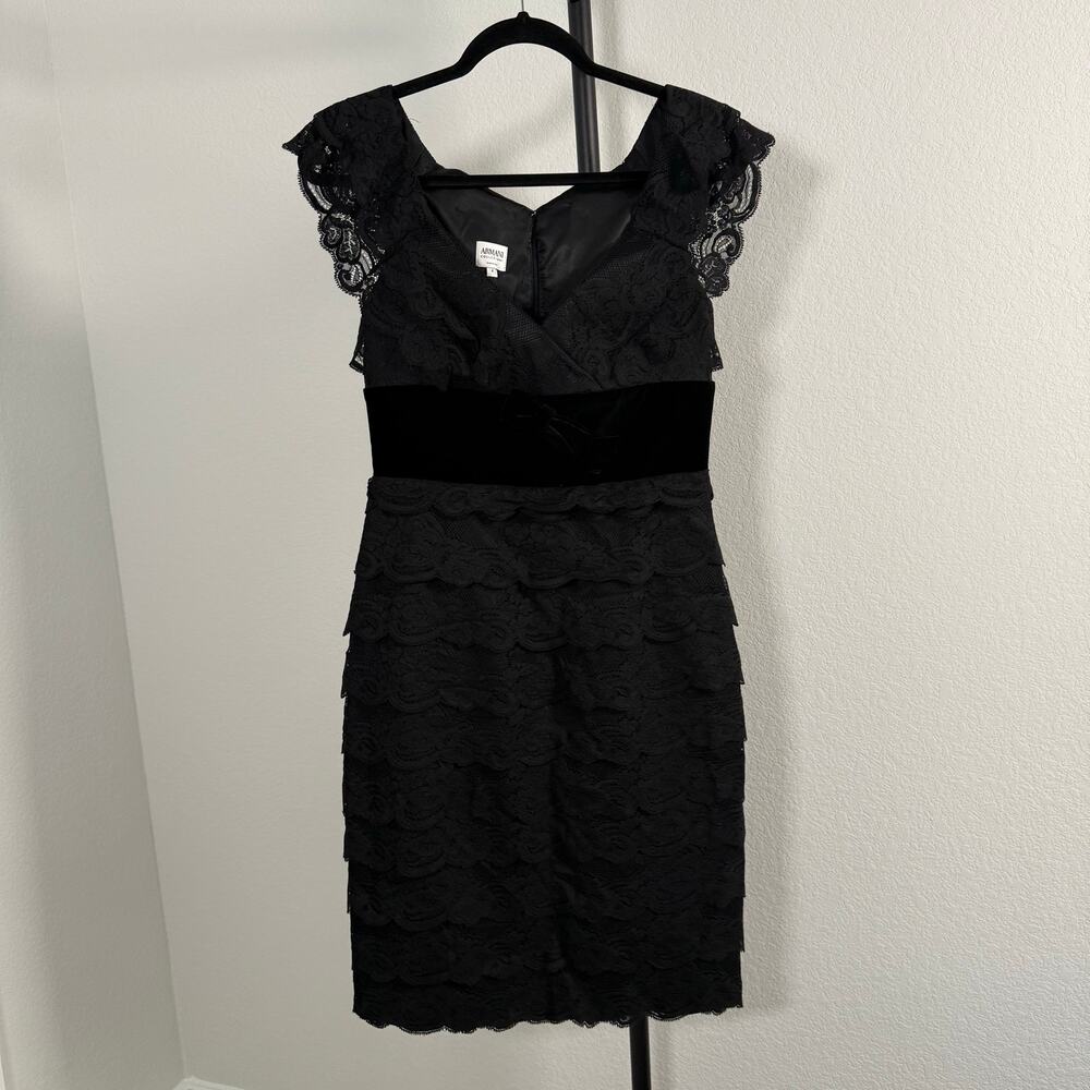 Armani Colleziono Black Tiered Lace Midi Party Dress Size 4 Made in Italy